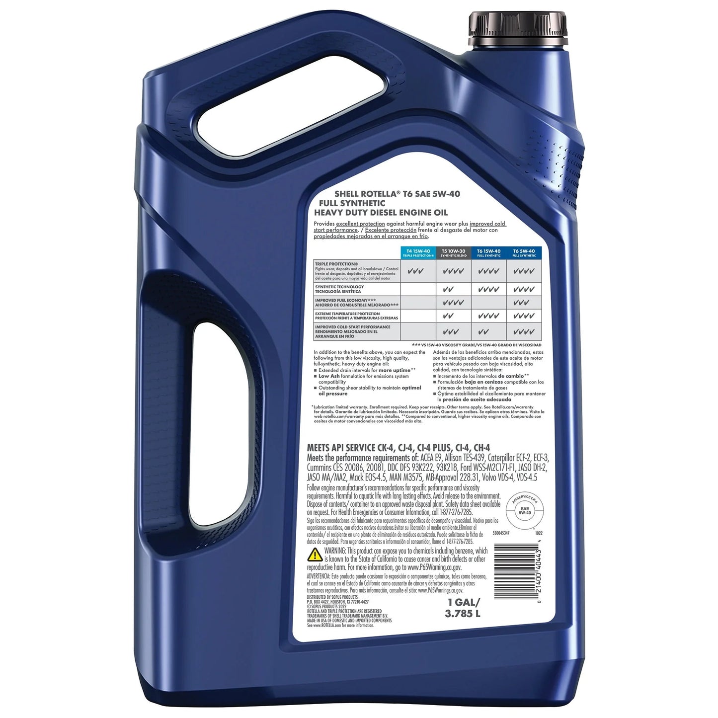 Shell T6 Full Synthetic 5W-40 Diesel Engine Oil, 1 Gallon